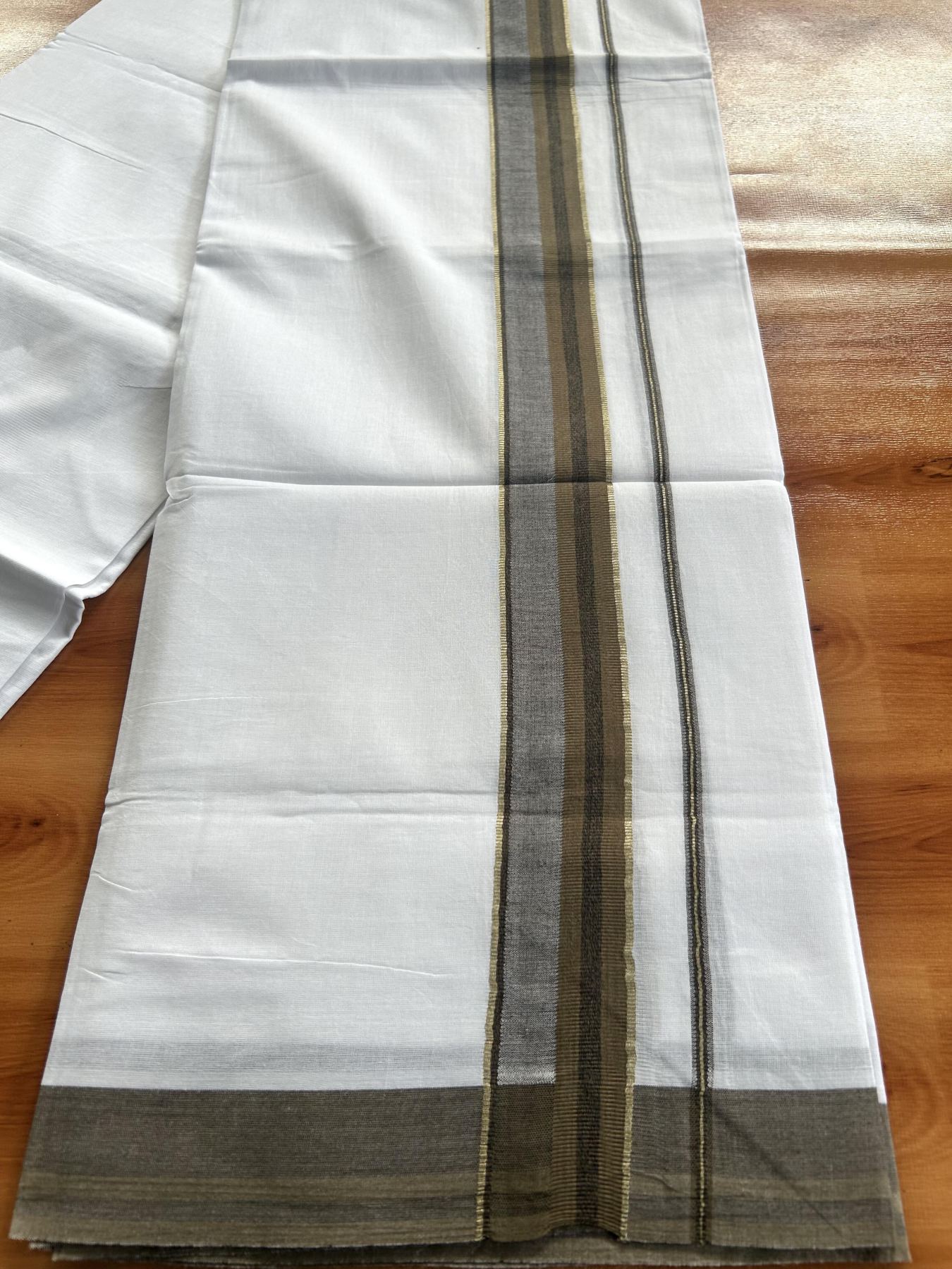 Double 20% Discount ! KaithariKada Balaramapuram 100% Cotton - 100x80 - 1.5 inch Silver Kasav & Brown & Black Shaded Striped Kara 3.90 Mtr (8 muzham) - 35 KK5444 VIN