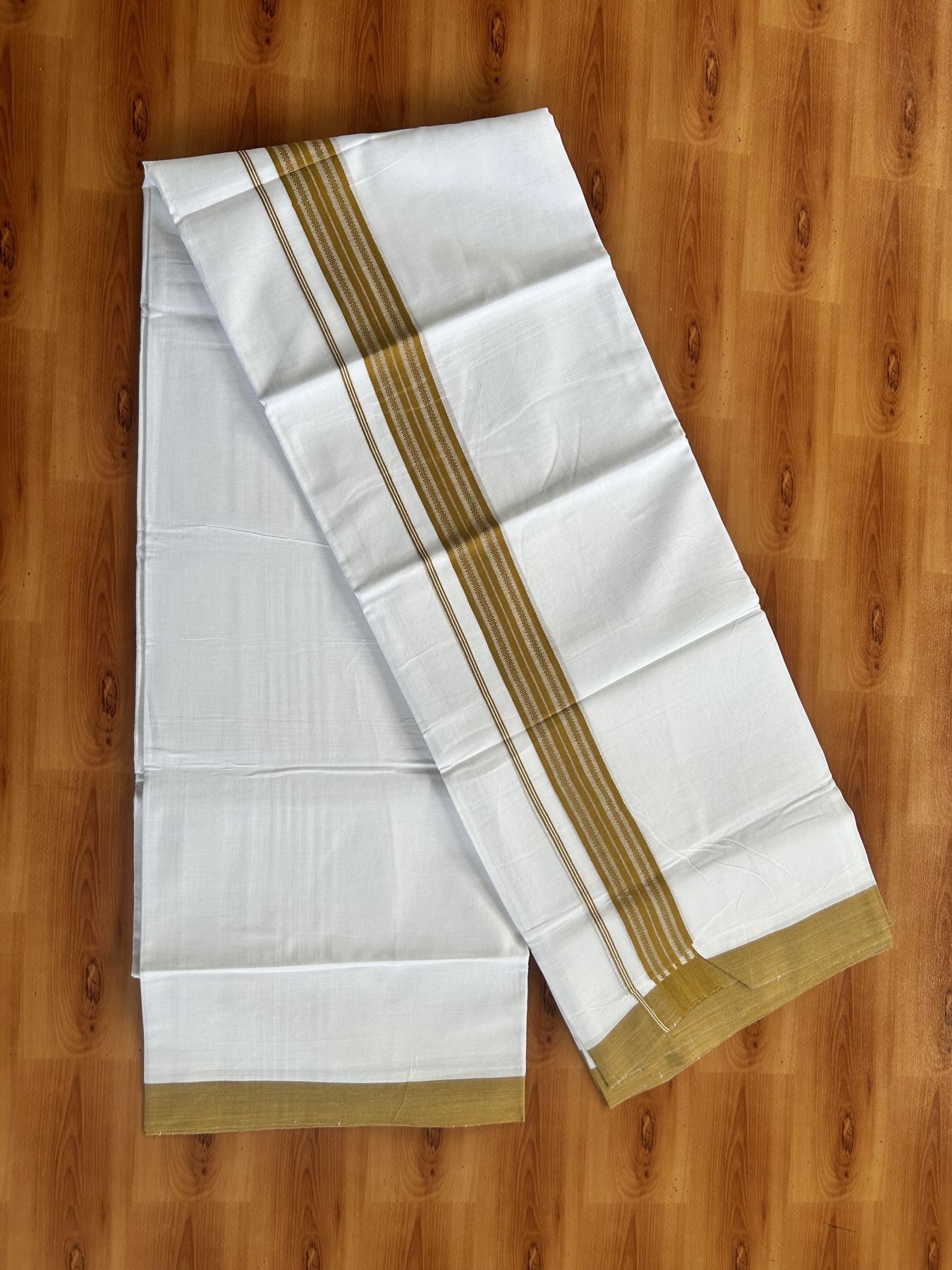 Double Pure white Mundu/Dhoti- 20% Discount! KaithariKada Balaramapuram 100% Cotton  - 100X80 - 1.5 inch Dark Yellow  Shaded Striped kara - 3.90 mtr (8 muzham) - 8 KK5444 VIN
