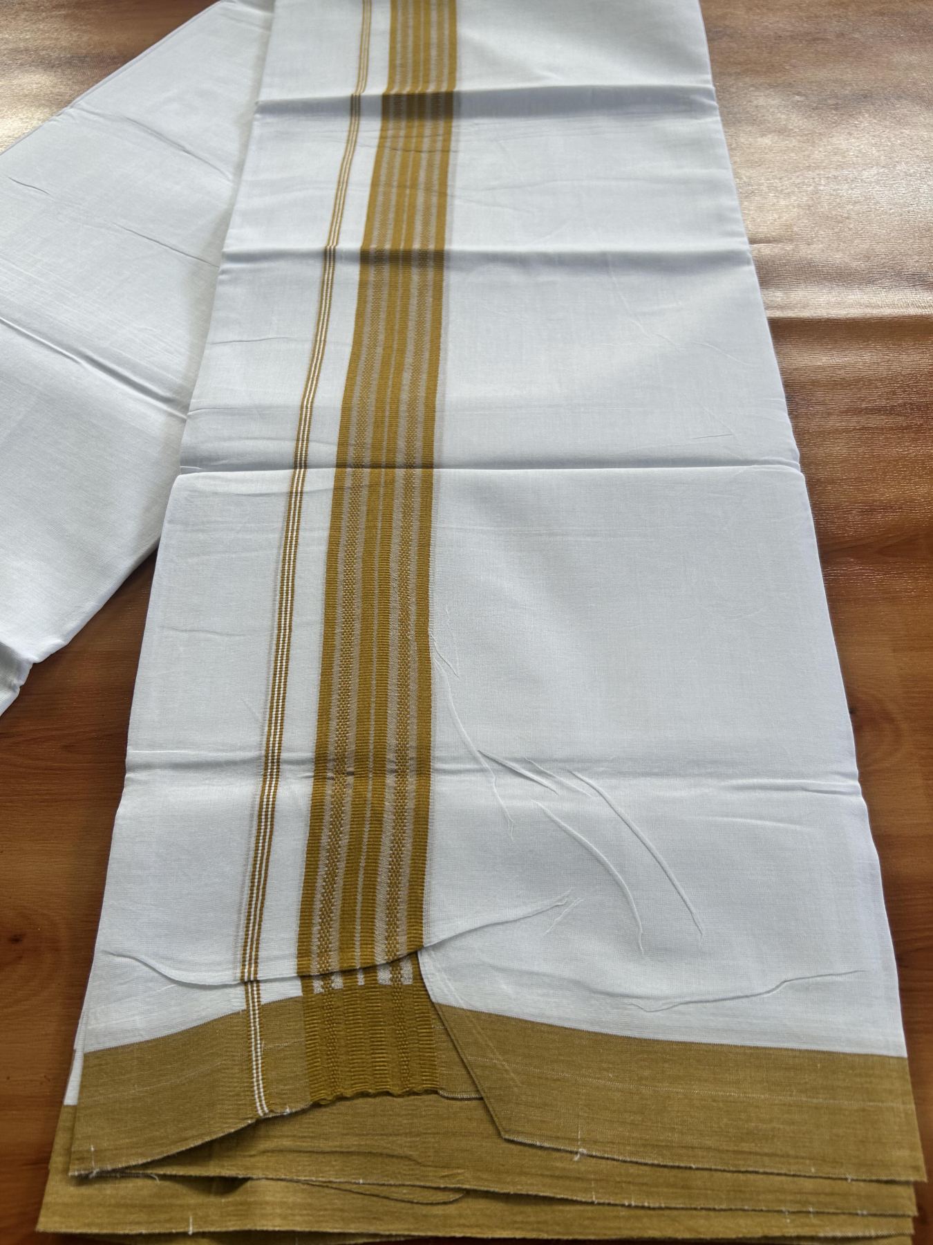 Double Pure white Mundu/Dhoti- 20% Discount! KaithariKada Balaramapuram 100% Cotton  - 100X80 - 1.5 inch Dark Yellow  Shaded Striped kara - 3.90 mtr (8 muzham) - 8 KK5444 VIN
