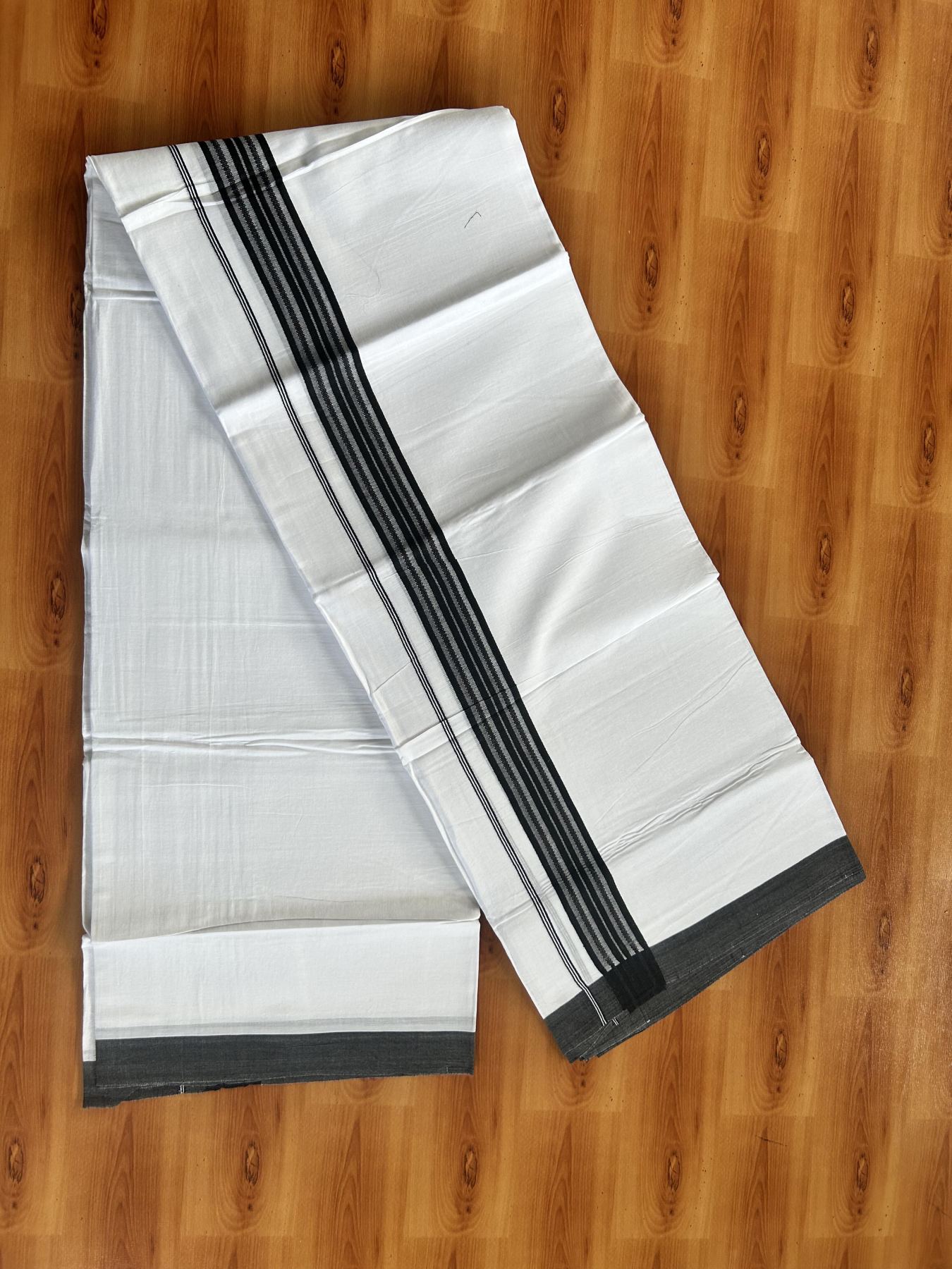 Double Pure white Mundu/Dhoti- 20% Discount! KaithariKada Balaramapuram 100% Cotton  - 100X80 - 1.5 inch Black Shaded Striped kara - 3.90 mtr (8 muzham) - 1 KK5444 VIN