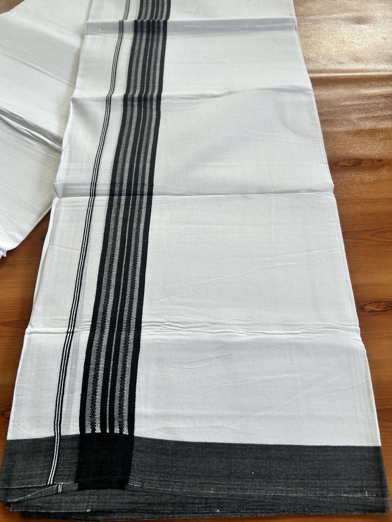 Double Pure white Mundu/Dhoti- 20% Discount! KaithariKada Balaramapuram 100% Cotton  - 100X80 - 1.5 inch Black Shaded Striped kara - 3.90 mtr (8 muzham) - 1 KK5444 VIN
