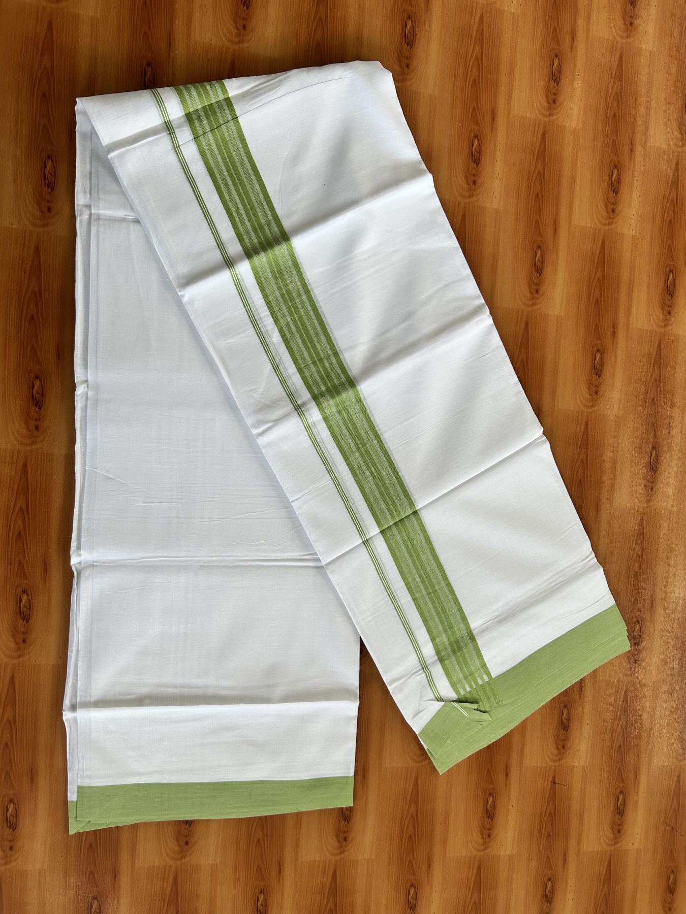 Double Pure white Mundu/Dhoti- 20% Discount! KaithariKada Balaramapuram 100% Cotton  - 100X80 - 1.5 inch Apple Green Shaded Striped kara - 3.90 mtr (8 muzham) - 2 KK5444 VIN