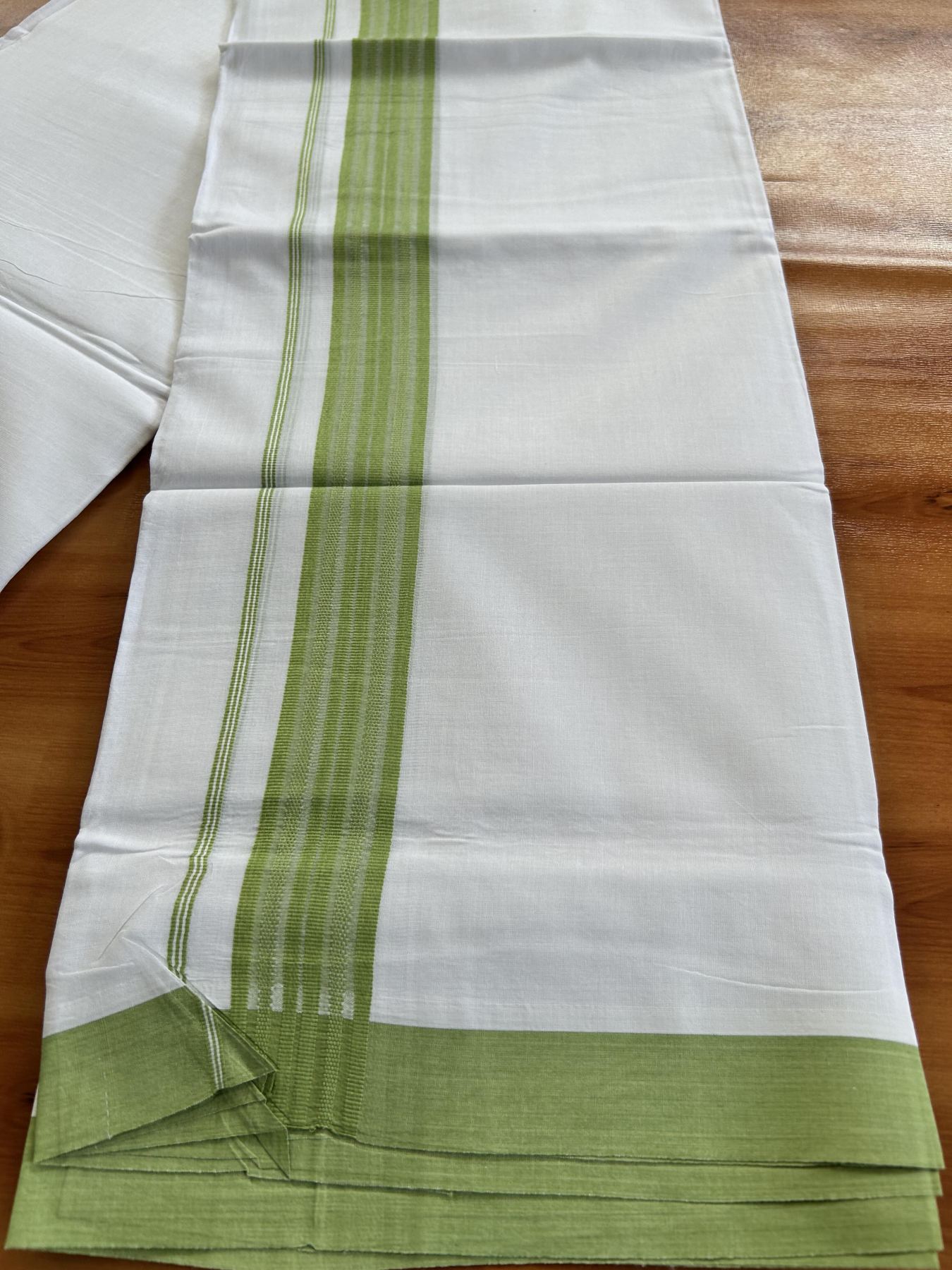 Double Pure white Mundu/Dhoti- 20% Discount! KaithariKada Balaramapuram 100% Cotton  - 100X80 - 1.5 inch Apple Green Shaded Striped kara - 3.90 mtr (8 muzham) - 2 KK5444 VIN