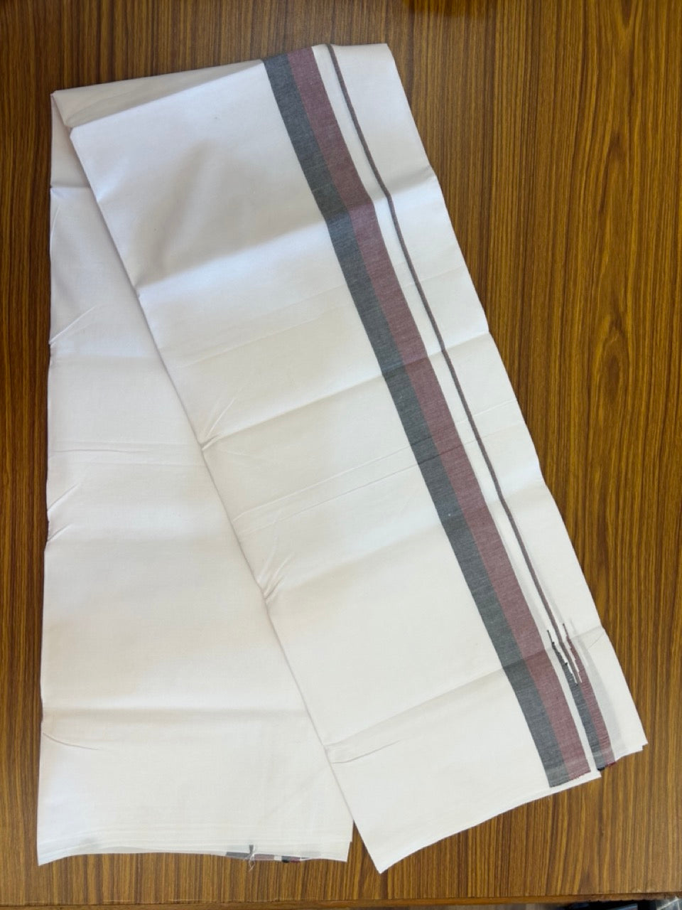 DMK Veshti - 20% Discount !! KaithariKada Balaramapuram PURE WHITE SINGLE Mundu/Dhoti - 100X100 - Puliyilakkara 1.25 inch Maroon & Black Chutty Kara (2 meter / 4 muzham) - 2 KK5296 ASH