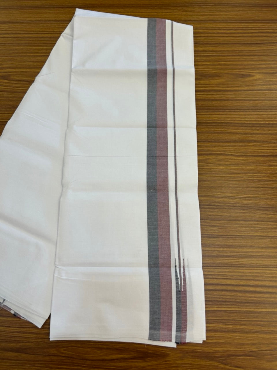 DMK Veshti - 20% Discount !! KaithariKada Balaramapuram PURE WHITE SINGLE Mundu/Dhoti - 100X100 - Puliyilakkara 1.25 inch Maroon & Black Chutty Kara (2 meter / 4 muzham) - 2 KK5296 ASH
