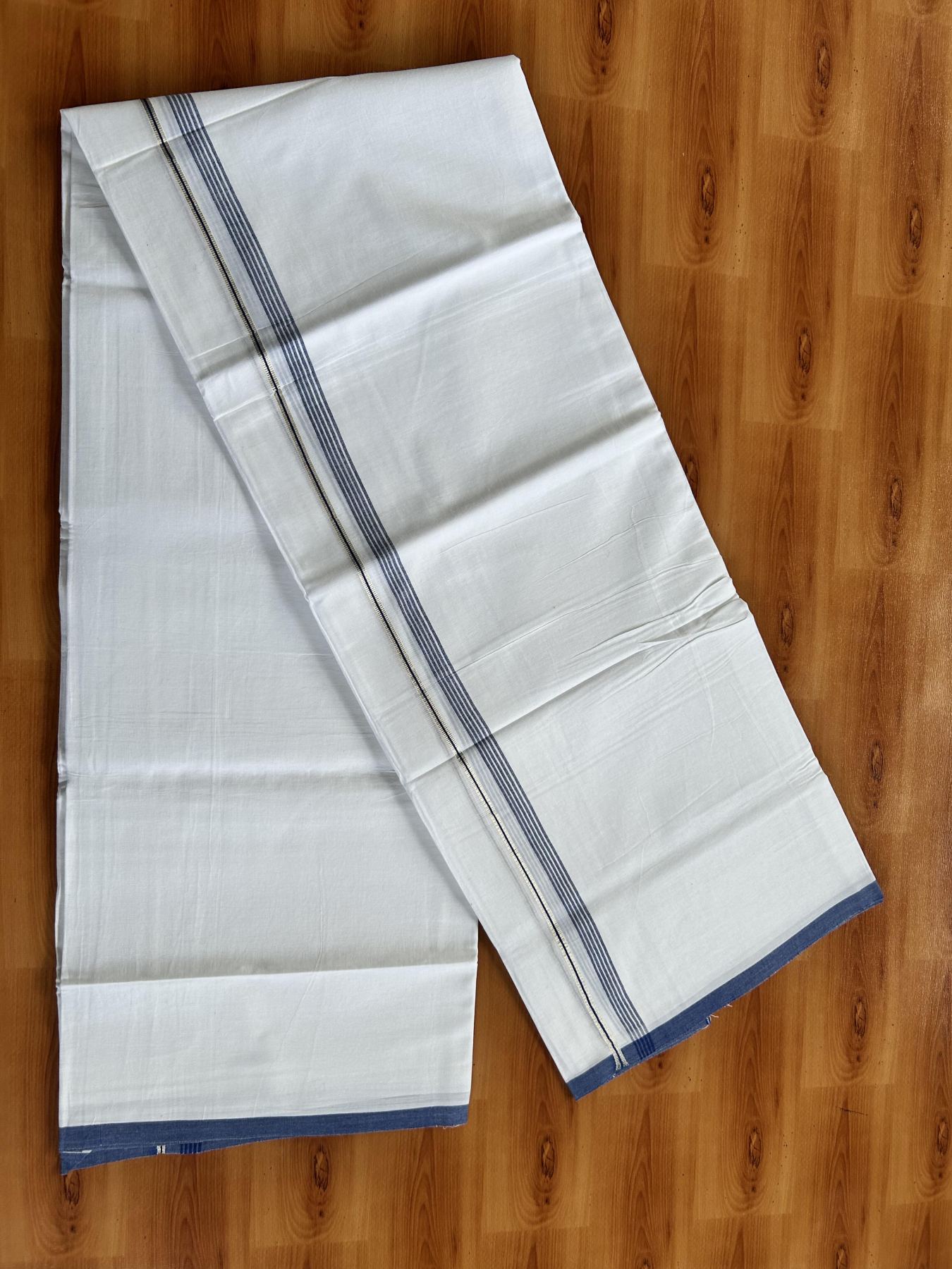Double Pure white Mundu/Dhoti-  20% Discount ! KaithariKada Balaramapuram Pure Cotton - 100x80 - 0.5 inch Silver Kasav & Blue Shaded striped Kara - 3.90 m (8 muzham) - 32 KK5444 VIN