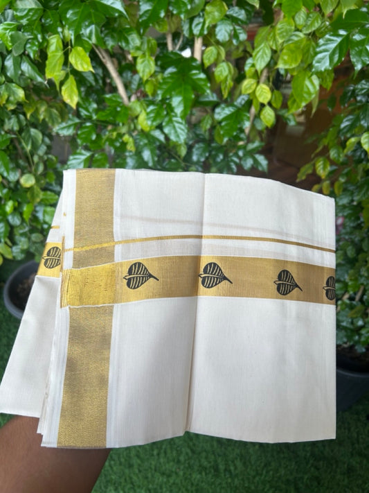 22% Discount!! KaithariKada Balaramapuram 100% Cotton DOUBLE OFF WHITE - (Ubleached) Mundu/Dhoti - 80x90 - 1.5 inch Gold Kasavu with Black Leaf Printed Design Kara - 16KK5219 GAN