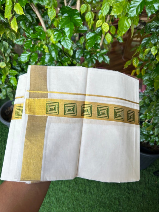 22% Discount!! KaithariKada Balaramapuram 100% Cotton DOUBLE OFF WHITE - (Ubleached) Mundu/Dhoti - 80x90 - 1.5 inch Gold Kasavu with Light Green Printed Design Kara - 26KK5219 GAN