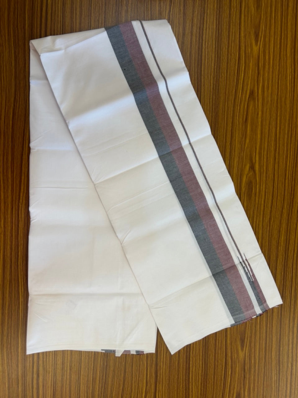 DMK Veshti - 20% DISCOUNT ! KaithariKada Balaramapuram 100% COTTON SINGLE PURE WHITE Mundu/Dhoti- 100X100 - 2 inch Maroon & Black Kara (2 meter /4 muzham) - 5 KK5296 ASH