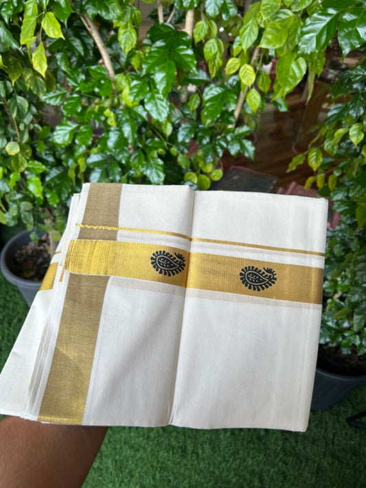 22% Discount!! KaithariKada Balaramapuram 100% Cotton DOUBLE OFF WHITE - (Ubleached) Mundu/Dhoti - 80x90 - 1.5 inch Gold Kasavu with Black Mango Printed Design Kara - 30KK5219 GAN