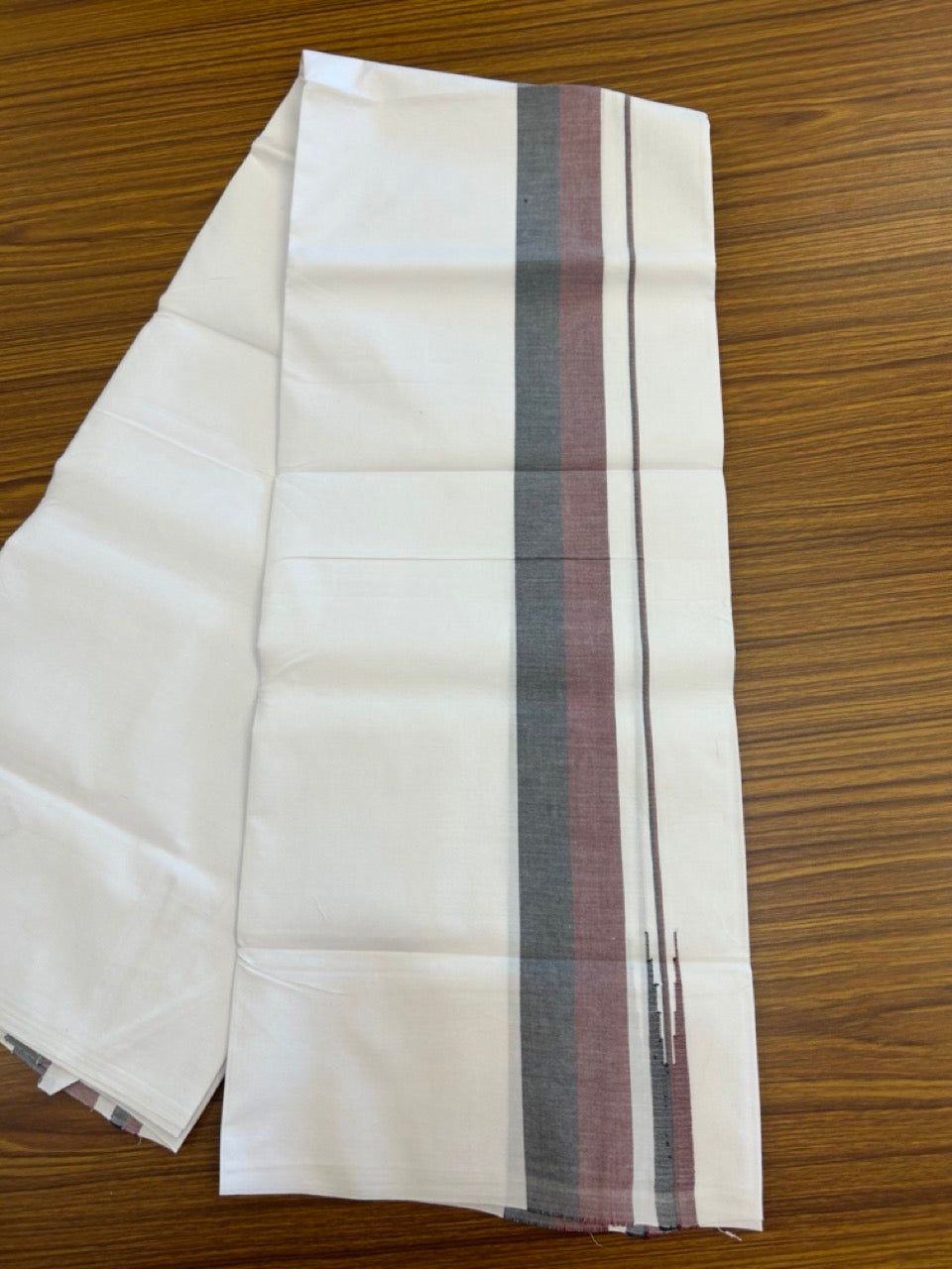 DMK Veshti - 20% DISCOUNT ! KaithariKada Balaramapuram 100% COTTON SINGLE PURE WHITE Mundu/Dhoti- 100X100 - 2 inch Maroon & Black Kara (2 meter /4 muzham) - 5 KK5296 ASH