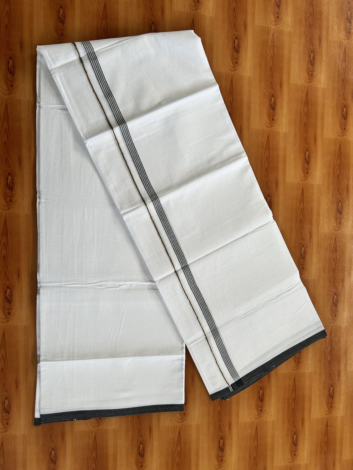 Double Pure white Mundu/Dhoti-  20% Discount ! KaithariKada Balaramapuram Pure Cotton - 100x80 - 0.5 inch Silver Kasav & Black Shaded striped Kara - 3.90 m (8 muzham) - 33 KK5444 VIN