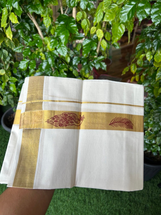 22% Discount!! KaithariKada Balaramapuram 100% Cotton DOUBLE OFF WHITE - (Ubleached) Mundu/Dhoti - 80x90 - 1.5 inch Gold Kasavu with Maroon Peacock & Peacock Feather Printed Design Kara - 27KK5219 GAN