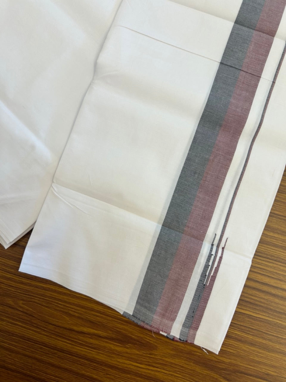 DMK Veshti - 20% DISCOUNT ! KaithariKada Balaramapuram 100% COTTON SINGLE PURE WHITE Mundu/Dhoti- 100X100 - 2 inch Maroon & Black Kara (2 meter /4 muzham) - 5 KK5296 ASH