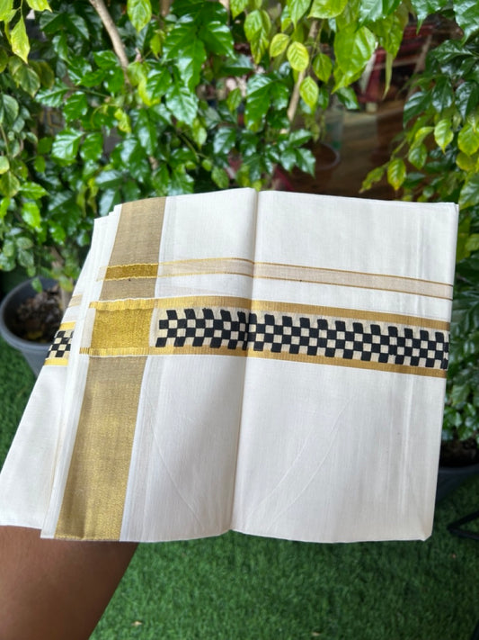 22% Discount!! KaithariKada Balaramapuram 100% Cotton DOUBLE OFF WHITE - (Ubleached) Mundu/Dhoti - 80x90 - 1.5 inch Gold Kasavu with Black Printed Design Kara - 13KK5219 GAN