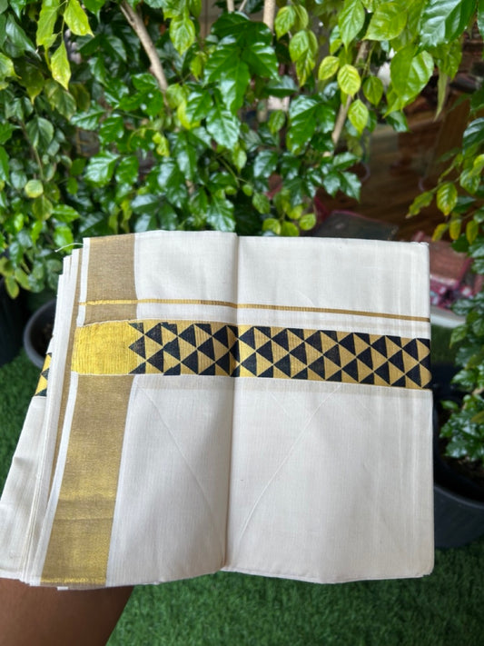 22% Discount!! KaithariKada Balaramapuram 100% Cotton DOUBLE OFF WHITE - (Ubleached) Mundu/Dhoti - 80x90 - 1.5 inch Gold Kasavu with Black Printed Design Kara - 14KK5219 GAN