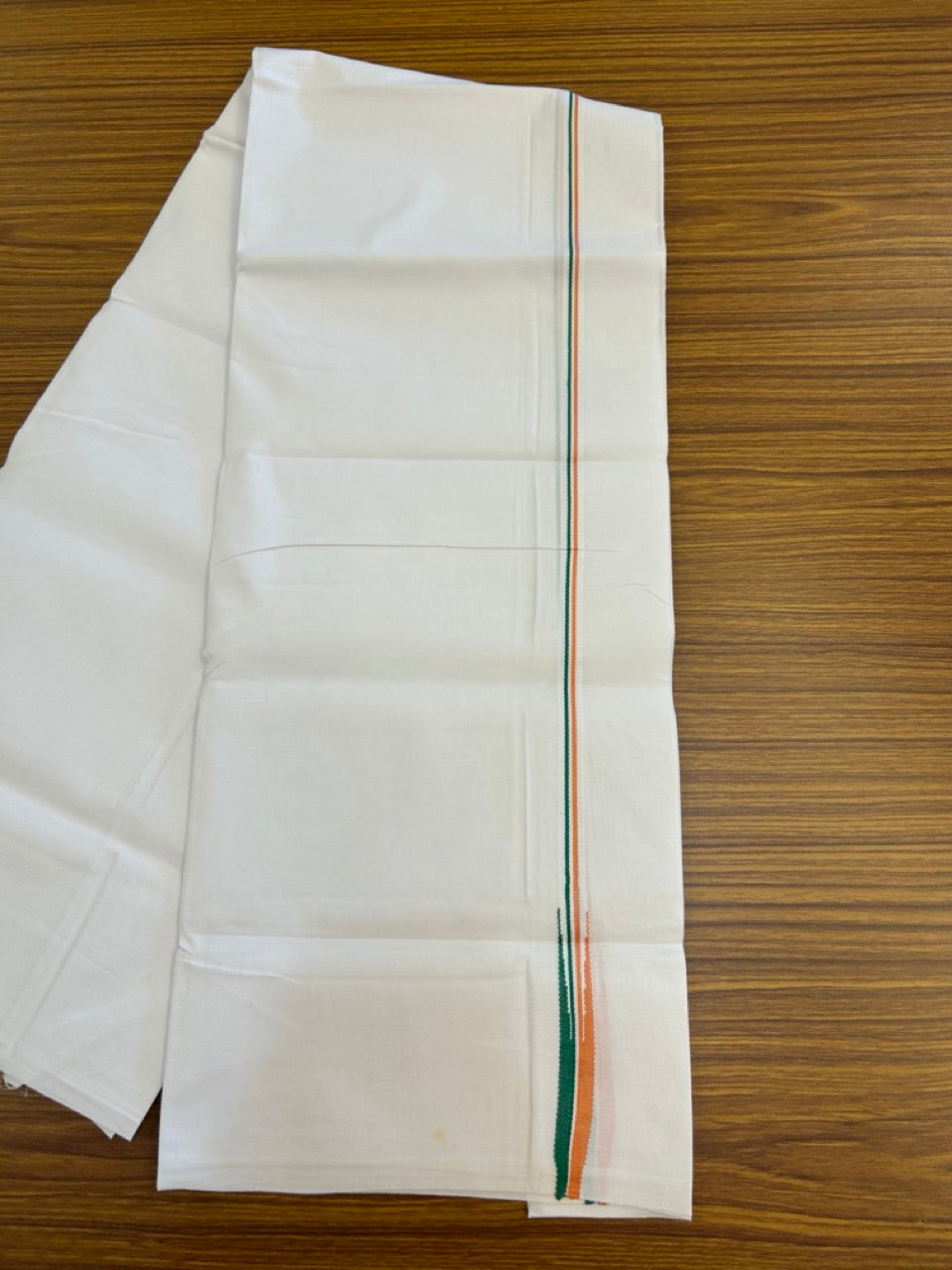 Congress Vesti - 20% Discount ! KaithariKada 100% Cotton Single Pure White Mundu/Dhoti - Twisted 100s Thread - 0.5 inch Puliyilakkara Orange White & Green Chutty Kara (2 meter / 4 muzham) - 9 KK5296 ASH