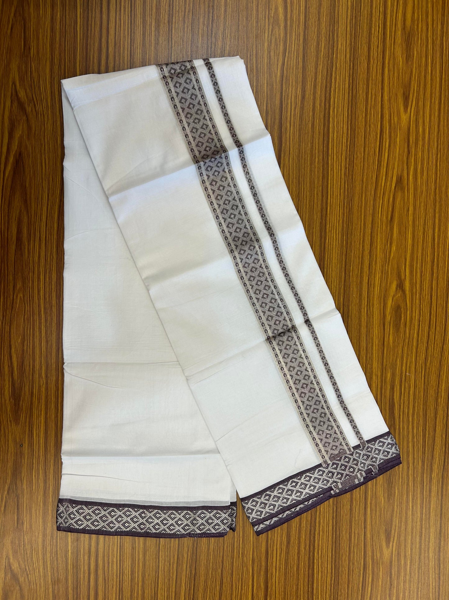 20% Discount ! KaithariKada Balaramapuram 100% Pure Cotton Double Pure White Mundu/Dhoti - 100x80 - 1.75 inch Silver Kasav & Grape Wine Jacquard Design Dual kara 3.90 mtr (8 Muzham) - 1 KK5360 CJT