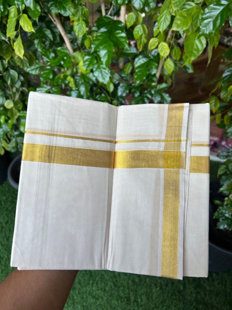 20% DISCOUNT! Kaitharikada Balaramapuram 100% Cotton OFF WHITE Double Mundu/Dothi  - 100x90- 1 Inch Gold Kasav Kara - 15KK5219 GAN