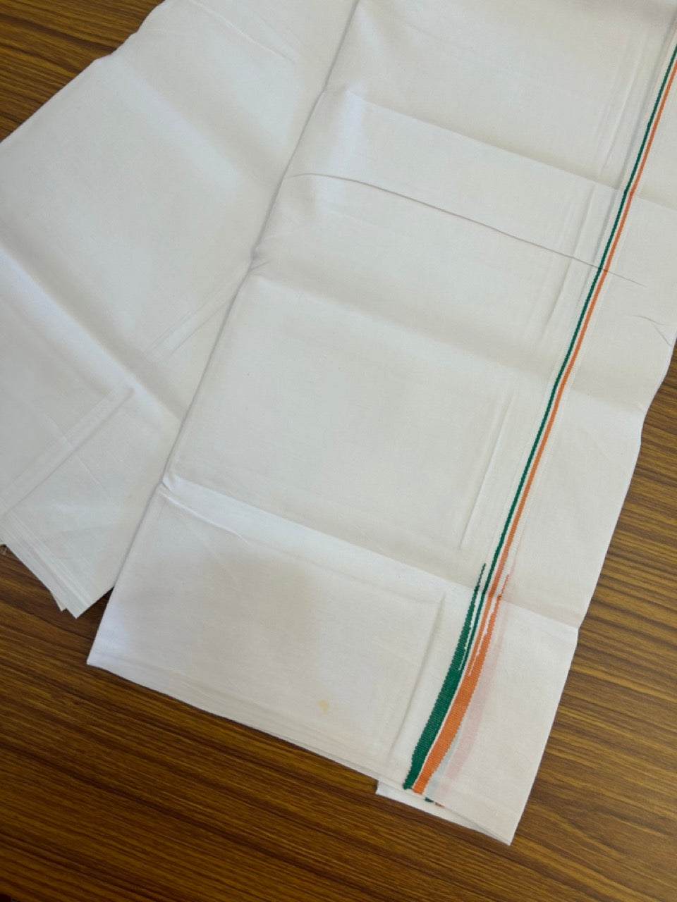 Congress Vesti - 20% Discount ! KaithariKada 100% Cotton Single Pure White Mundu/Dhoti - Twisted 100s Thread - 0.5 inch Puliyilakkara Orange White & Green Chutty Kara (2 meter / 4 muzham) - 9 KK5296 ASH