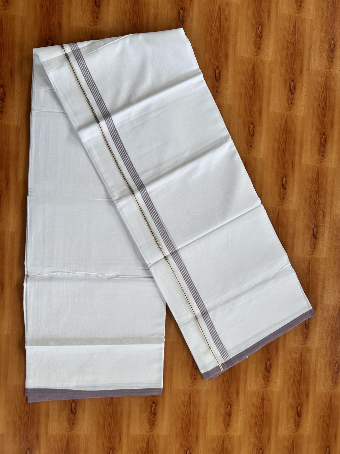 Double Pure white Mundu/Dhoti-  20% Discount ! KaithariKada Balaramapuram Pure Cotton - 100x80 - 0.5 inch Silver Kasav & Greyish Purple Shaded Striped Kara - 3.90 m (8 muzham) - 34 KK5444 VIN