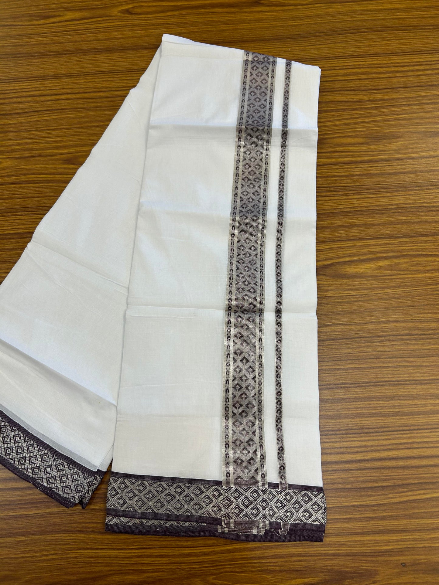 20% Discount ! KaithariKada Balaramapuram 100% Pure Cotton Double Pure White Mundu/Dhoti - 100x80 - 1.75 inch Silver Kasav & Grape Wine Jacquard Design Dual kara 3.90 mtr (8 Muzham) - 1 KK5360 CJT