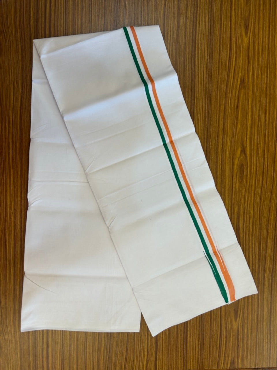 Congress Vesti - 20% Discount ! KaithariKada 100% Cotton Single Pure White Mundu/Dhoti - Twisted 100s Thread - 1.25 inch Puliyilakkara Orange White & Green Chutty Kara (2 meter / 4 muzham) - 11 KK5296 ASH