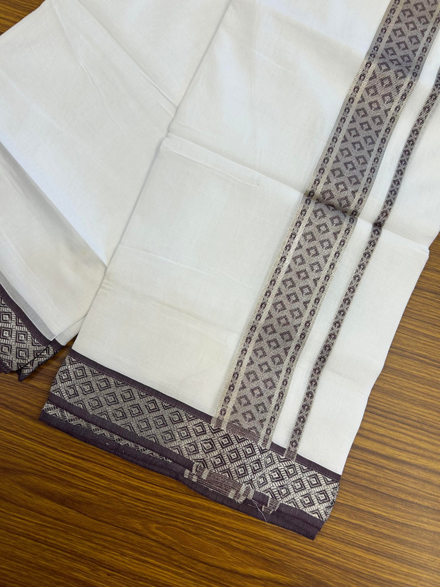 20% Discount ! KaithariKada Balaramapuram 100% Pure Cotton Double Pure White Mundu/Dhoti - 100x80 - 1.75 inch Silver Kasav & Grape Wine Jacquard Design Dual kara 3.90 mtr (8 Muzham) - 1 KK5360 CJT