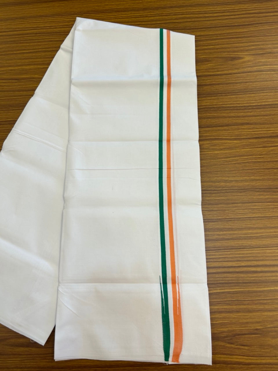 Congress Vesti - 20% Discount ! KaithariKada 100% Cotton Single Pure White Mundu/Dhoti - Twisted 100s Thread - 1.25 inch Puliyilakkara Orange White & Green Chutty Kara (2 meter / 4 muzham) - 11 KK5296 ASH