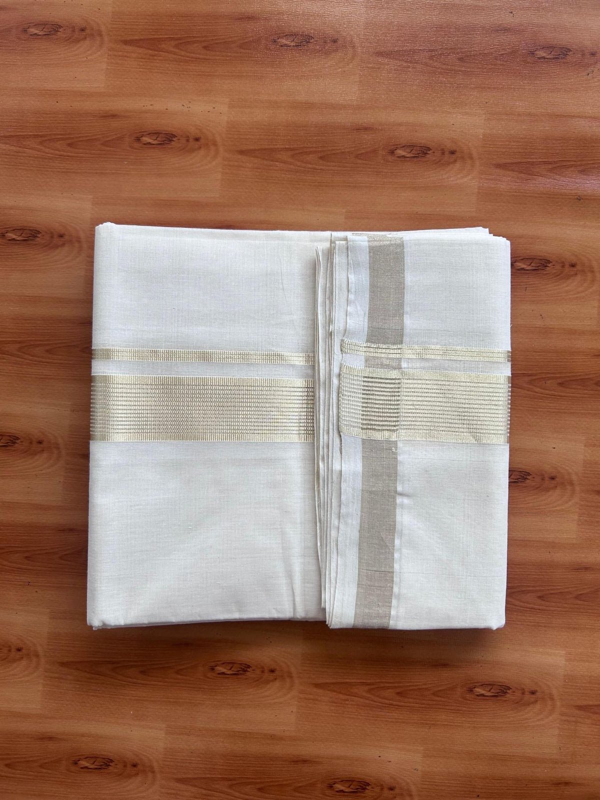 Off White (Unbleached) Double Mundu/Dhoti - 25% Discount! KaithariKada Handloom Millpaav - Kerala Handloom - 100% Pure Cotton - 80x90 - 1.5 inch Antique Light Gold Kasav striped Kara 4 Meters (8.5 Muzham) - 26 KK5508 RAM