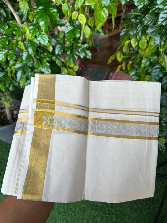 22% Discount!! KaithariKada Balaramapuram 100% Cotton DOUBLE OFF WHITE - (Ubleached) Mundu/Dhoti - 80x90 - 1.5 inch Gold Kasavu with Silver Floral Printed Design Kara - 12KK5219 GAN