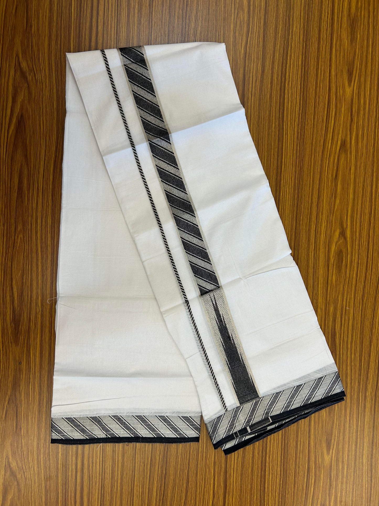 20% Discount ! KaithariKada Balaramapuram 100% Pure Cotton Double Pure White Mundu/Dhoti - 100x80 - 1.75 inch Puliyilakkara Silver Kasav & Black Jacquard Design Chutty kara 3.90 mtr (8 Muzham) - 3 KK5360 CJT