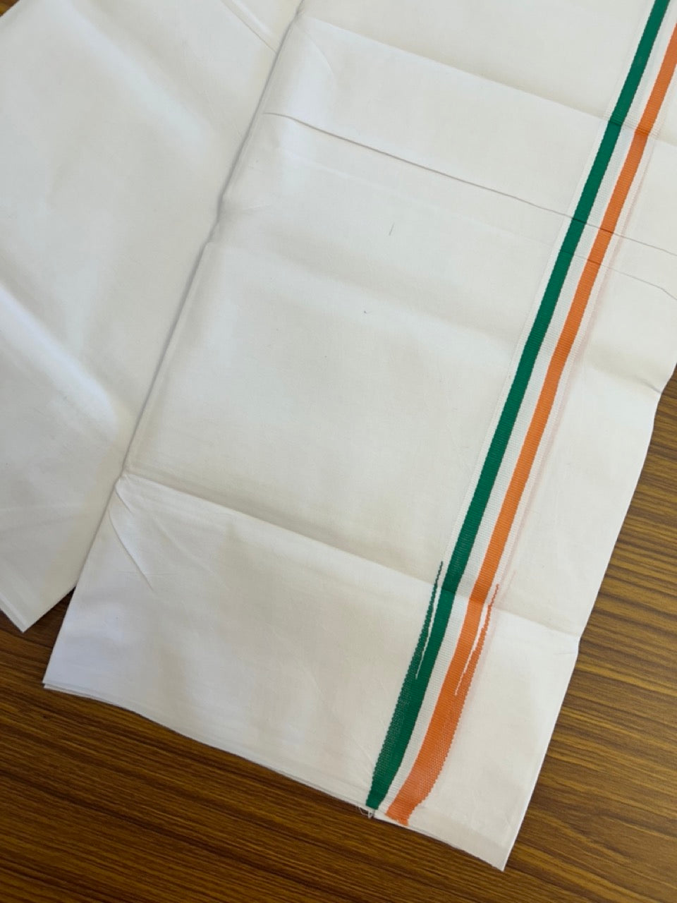 Congress Vesti - 20% Discount ! KaithariKada 100% Cotton Single Pure White Mundu/Dhoti - Twisted 100s Thread - 1.25 inch Puliyilakkara Orange White & Green Chutty Kara (2 meter / 4 muzham) - 11 KK5296 ASH