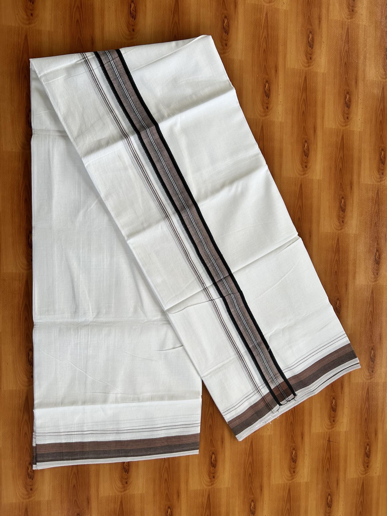 Double Pure white Mundu/Dhoti- 20% Discount! KaithariKada Balaramapuram 100% Cotton  - 100X80 - 1.25 inch Peach Brown & Black Shaded Design Striped kara - 3.90 mtr (8 muzham) - 16 KK5444 VIN