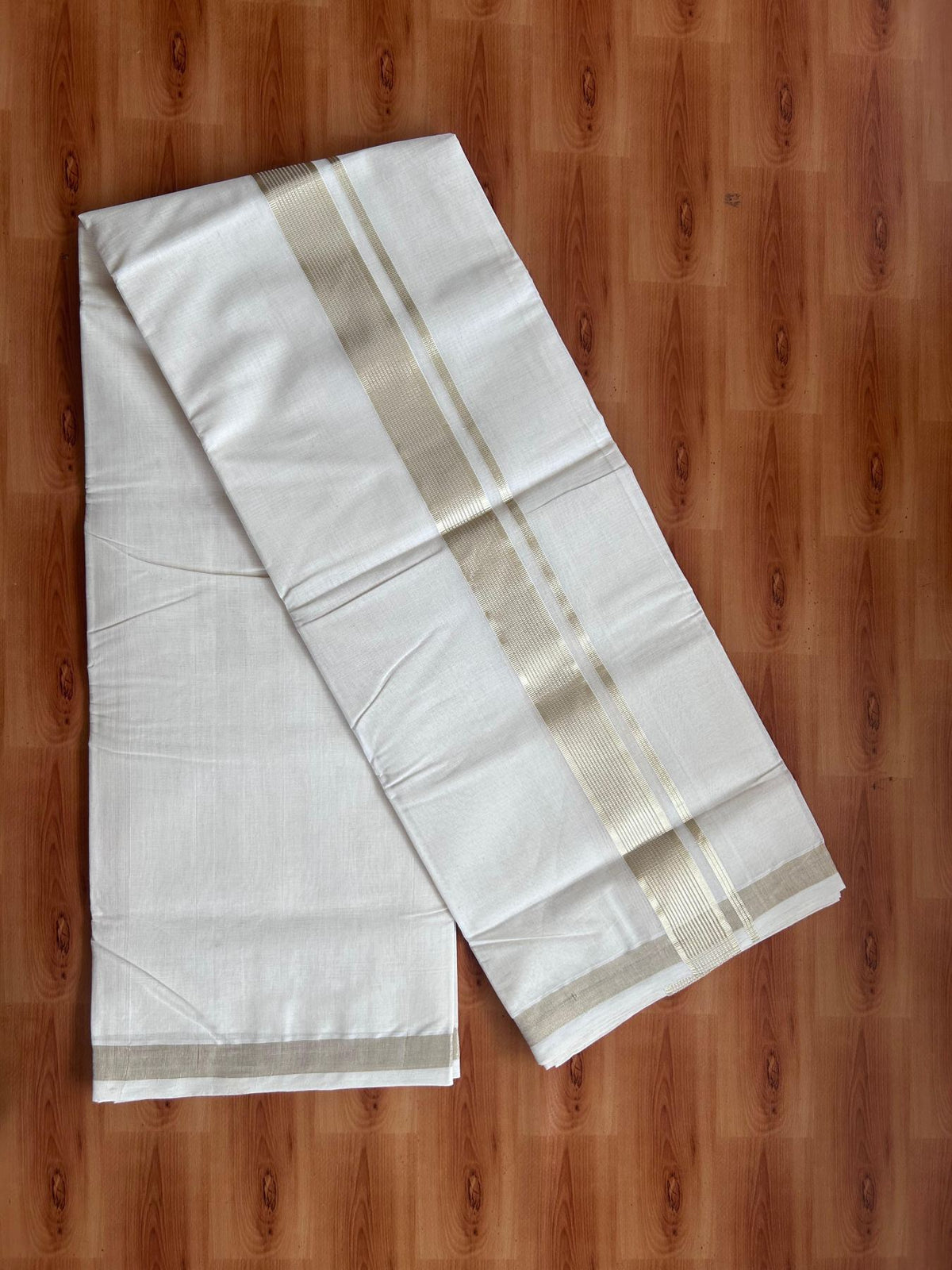 Off White (Unbleached) Double Mundu/Dhoti - 25% Discount! KaithariKada Handloom Millpaav - Kerala Handloom - 100% Pure Cotton - 80x90 - 1.5 inch Antique Light Gold Kasav striped Kara 4 Meters (8.5 Muzham) - 26 KK5508 RAM