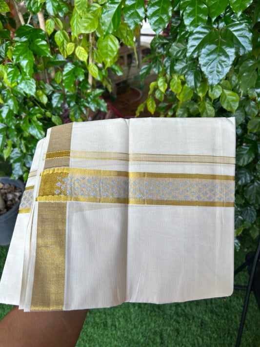 22% Discount!! KaithariKada Balaramapuram 100% Cotton DOUBLE OFF WHITE - (Ubleached) Mundu/Dhoti - 80x90 - 1.5 inch Gold Kasavu with Silver Printed Design Kara - 11KK5219 GAN
