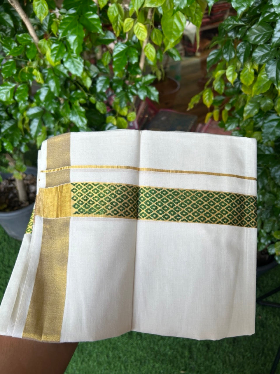 22% Discount!! KaithariKada Balaramapuram 100% Cotton DOUBLE OFF WHITE - (Ubleached) Mundu/Dhoti - 80x90 - 1.5 inch Gold Kasavu with Dark Green Printed Design Kara - 10KK5219 GAN