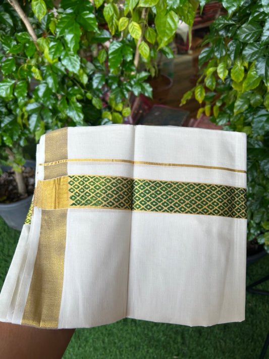 22% Discount!! KaithariKada Balaramapuram 100% Cotton DOUBLE OFF WHITE - (Ubleached) Mundu/Dhoti - 80x90 - 1.5 inch Gold Kasavu with Dark Green Printed Design Kara - 10KK5219 GAN