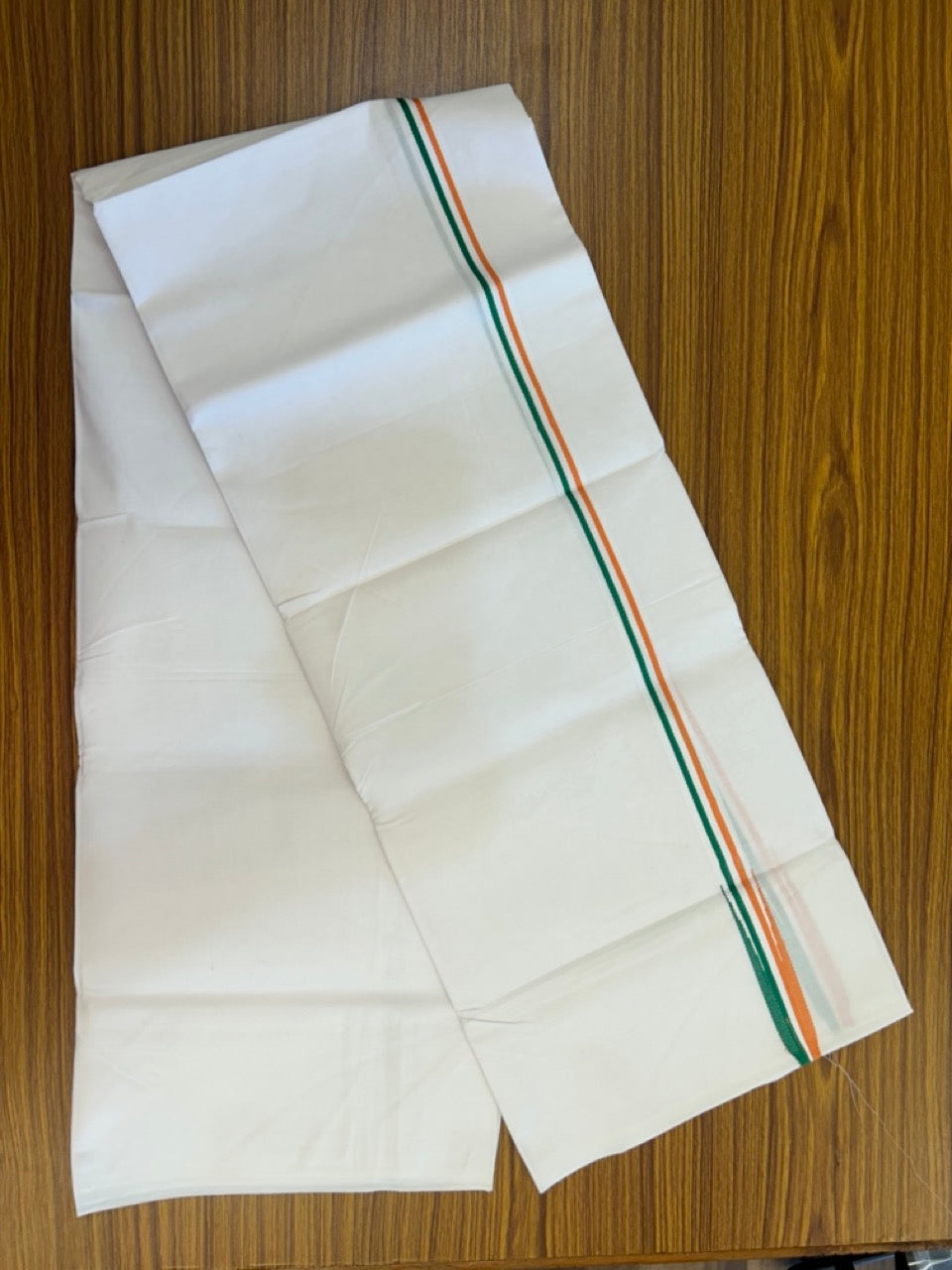 Congress Vesti - 20% Discount ! KaithariKada 100% Cotton Single Pure White Mundu/Dhoti - Twisted 100s Thread - 0.75 inch Puliyilakkara Orange White & Green Chutty Kara (2 meter / 4 muzham) - 10 KK5296 ASH