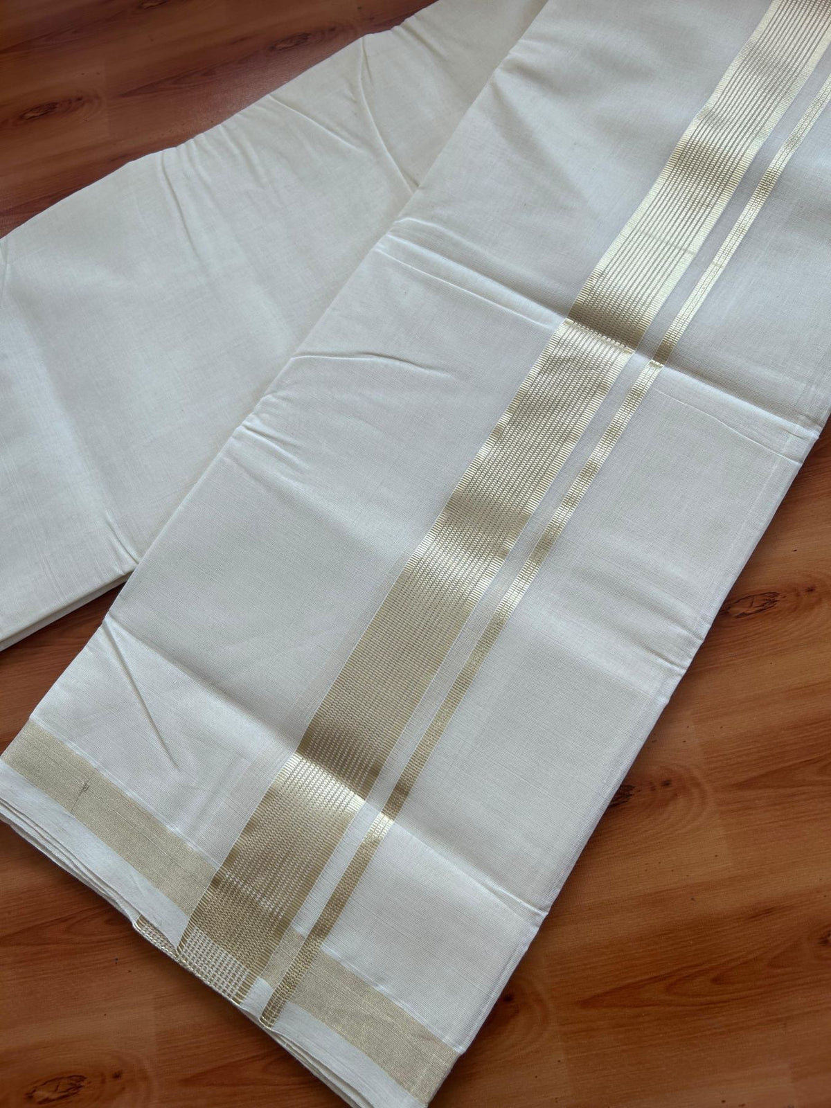Off White (Unbleached) Double Mundu/Dhoti - 25% Discount! KaithariKada Handloom Millpaav - Kerala Handloom - 100% Pure Cotton - 80x90 - 1.5 inch Antique Light Gold Kasav striped Kara 4 Meters (8.5 Muzham) - 26 KK5508 RAM