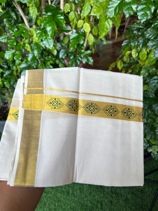 22% Discount!! KaithariKada Balaramapuram 100% Cotton DOUBLE OFF WHITE - (Ubleached) Mundu/Dhoti - 80x90 - 1.5 inch Gold Kasavu with Dark Green Printed Design Kara - 9KK5219 GAN