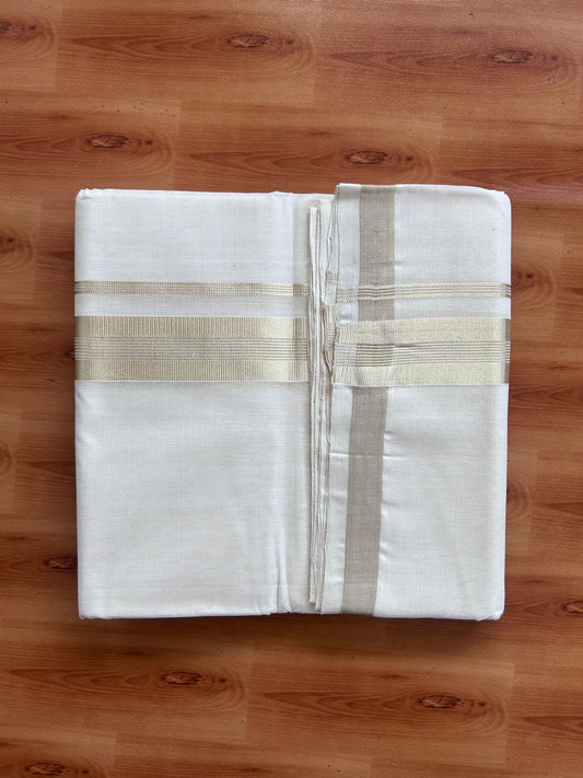 Off White (Unbleached) Double Mundu/Dhoti - 25% Discount! KaithariKada Handloom Millpaav - Kerala Handloom - 100% Pure Cotton - 80x90 - 1.5 inch Antique Light Gold Kasav striped Kara 4 Meters (8.5 Muzham) - 27 KK5508 RAM