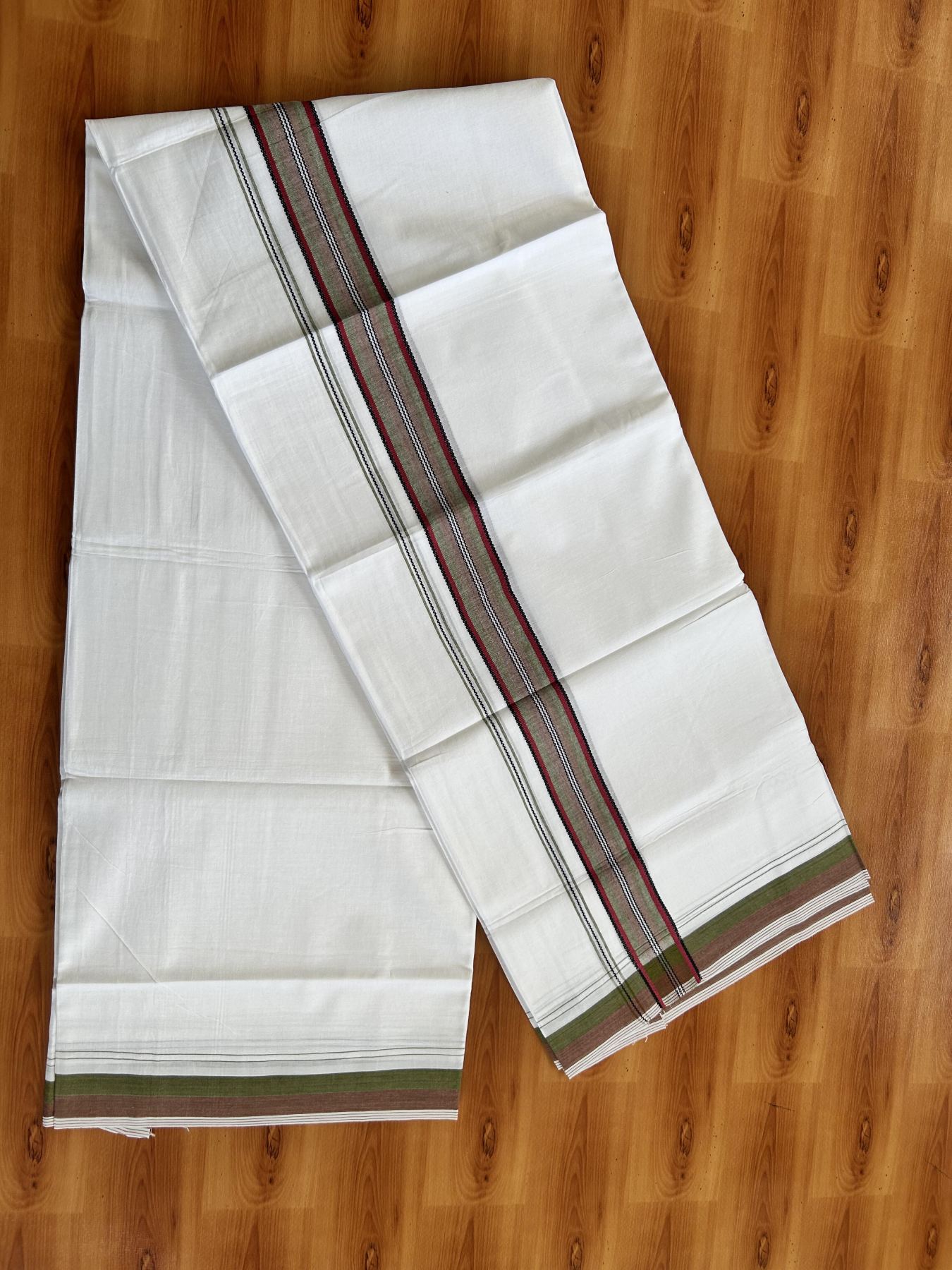 Double Pure white Mundu/Dhoti- 20% Discount! KaithariKada Balaramapuram 100% Cotton  - 100X80 - 1.25 inch Maroon & Olive Green & Black Shaded Design Striped kara - 3.90 mtr (8 muzham) - 17 KK5444 VIN