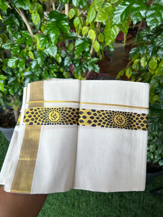 22% Discount!! KaithariKada Balaramapuram 100% Cotton DOUBLE OFF WHITE - (Ubleached) Mundu/Dhoti - 80x90 - 1.5 inch Gold Kasavu with Black Ohm Printed Design Kara - 8KK5219 GAN