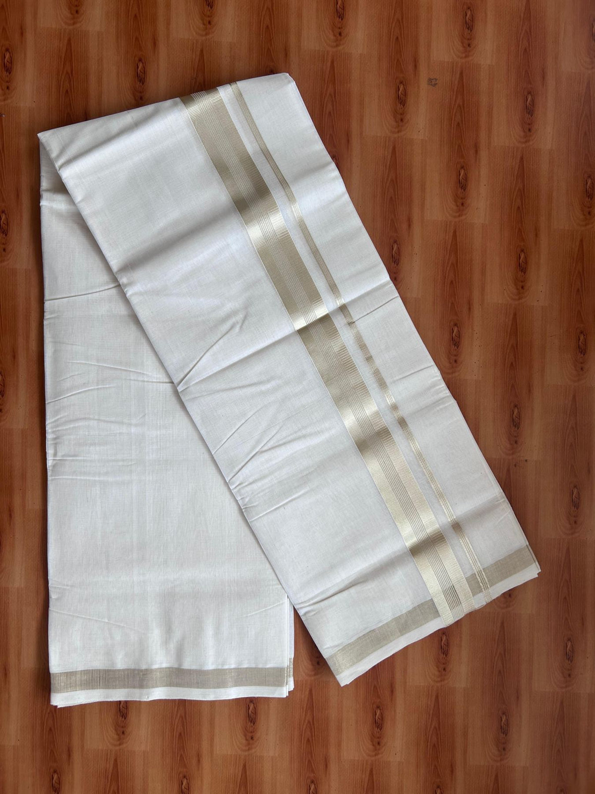 Off White (Unbleached) Double Mundu/Dhoti - 25% Discount! KaithariKada Handloom Millpaav - Kerala Handloom - 100% Pure Cotton - 80x90 - 1.5 inch Antique Light Gold Kasav striped Kara 4 Meters (8.5 Muzham) - 27 KK5508 RAM