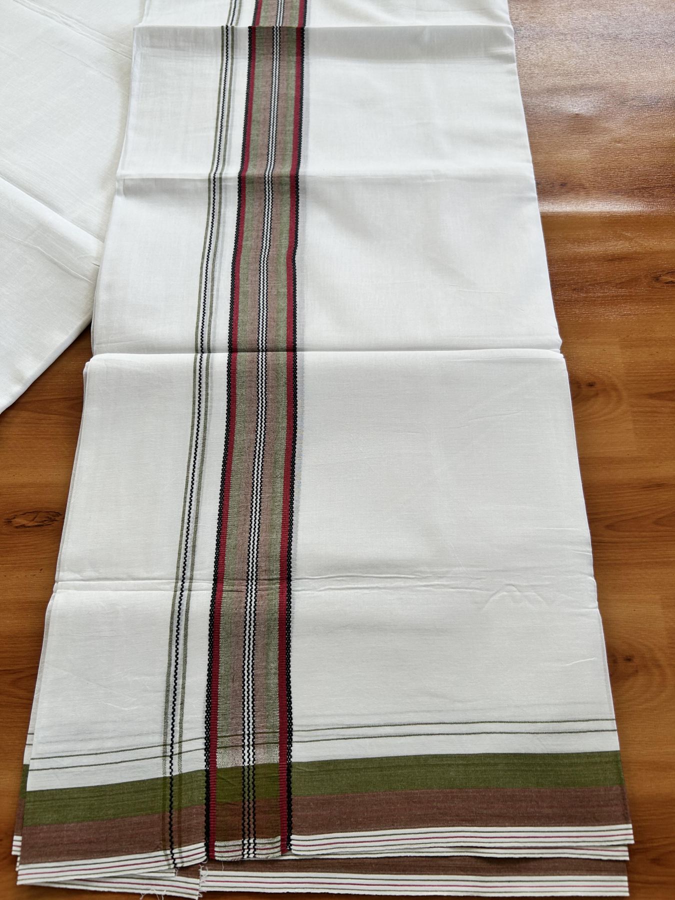 Double Pure white Mundu/Dhoti- 20% Discount! KaithariKada Balaramapuram 100% Cotton  - 100X80 - 1.25 inch Maroon & Olive Green & Black Shaded Design Striped kara - 3.90 mtr (8 muzham) - 17 KK5444 VIN