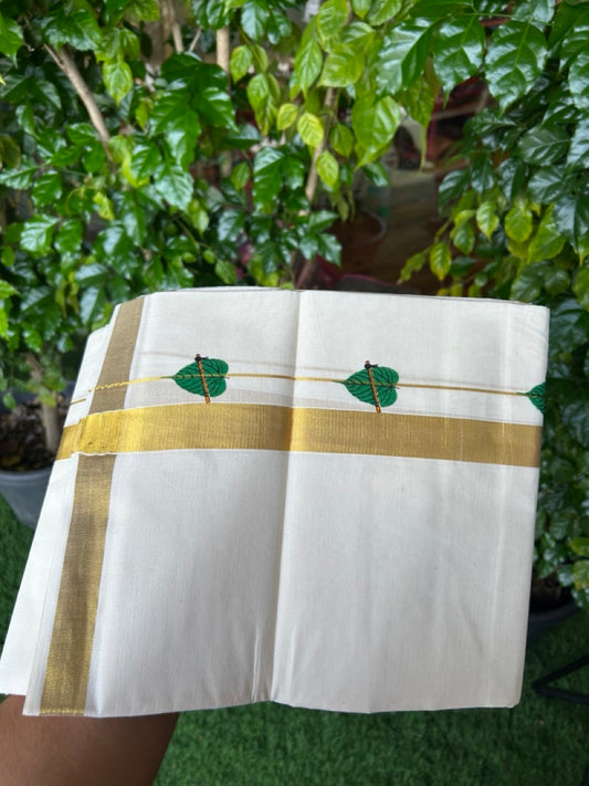 22% Discount!! KaithariKada Balaramapuram 100% Cotton DOUBLE OFF WHITE - (Ubleached) Mundu/Dhoti - 80x90 - 1 inch Gold Kasavu with Green Leaf & Flute Printed Design Kara - 19KK5219 GAN