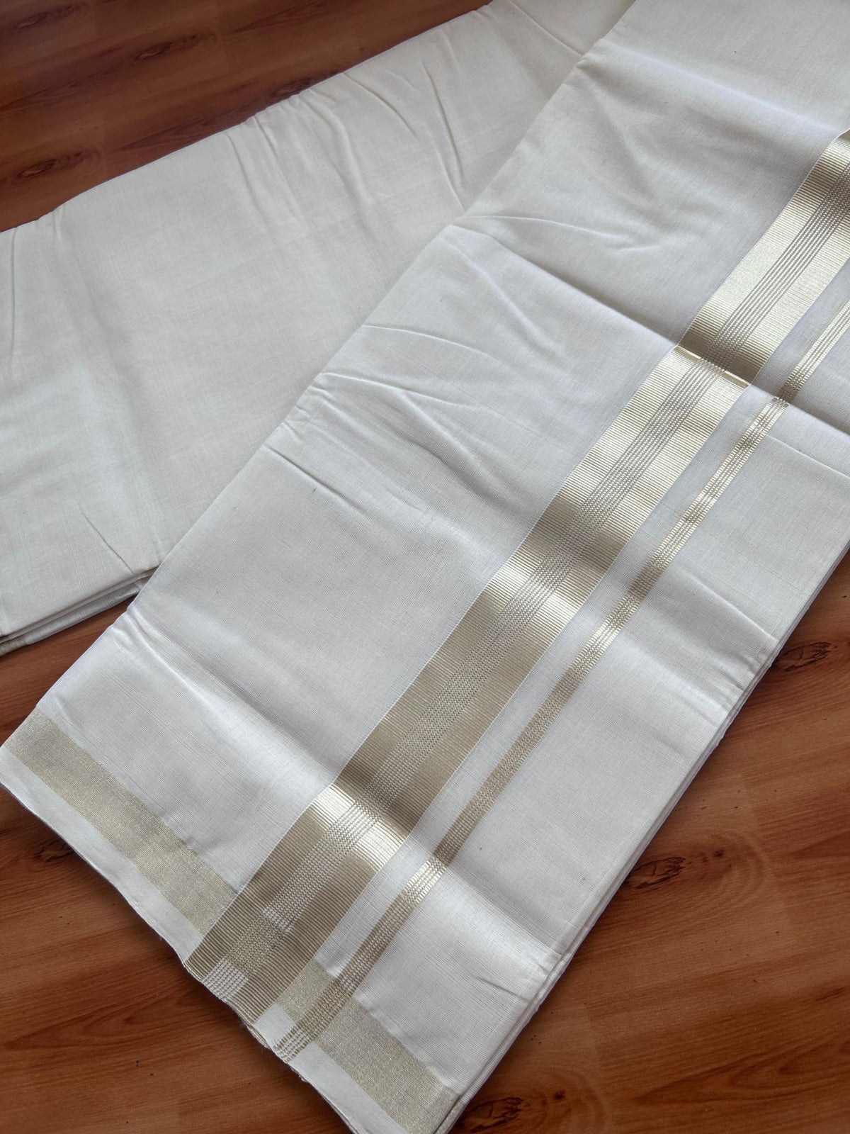 Off White (Unbleached) Double Mundu/Dhoti - 25% Discount! KaithariKada Handloom Millpaav - Kerala Handloom - 100% Pure Cotton - 80x90 - 1.5 inch Antique Light Gold Kasav striped Kara 4 Meters (8.5 Muzham) - 27 KK5508 RAM