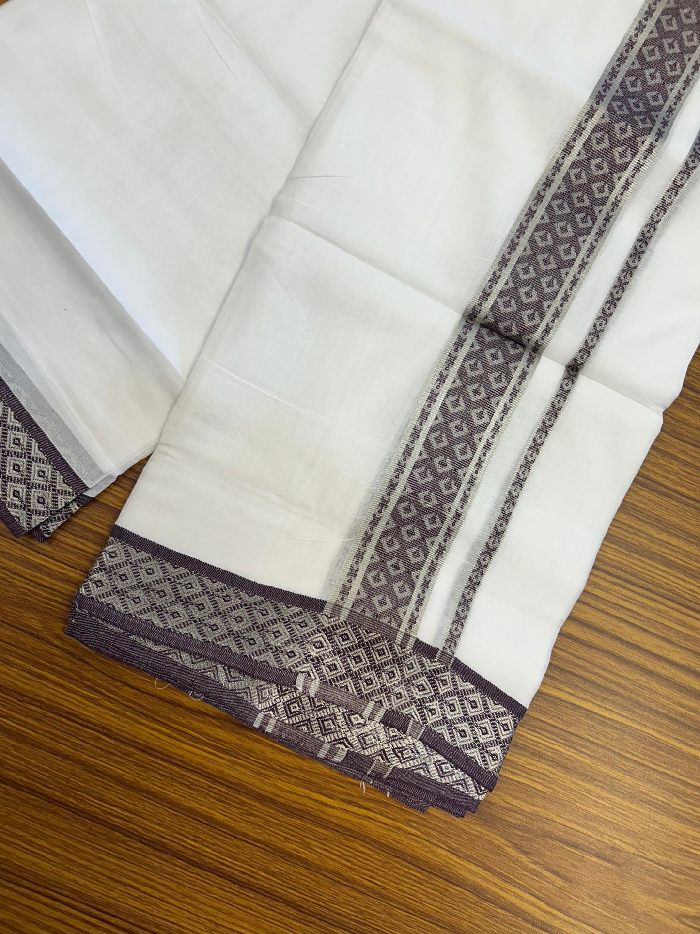 20% Discount ! KaithariKada Balaramapuram 100% Pure Cotton Double Pure White Mundu/Dhoti - 100x80 - 1.75 inch Silver Kasav & Grape Wine Jacquard Design Dual kara 3.90 mtr (8 Muzham) - 1 KK5360 CJT