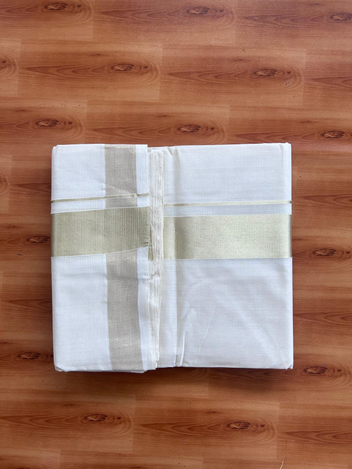 Off White (Unbleached) Double Mundu/Dhoti - 25% Discount! KaithariKada Handloom Millpaav - Kerala Handloom - 100% Pure Cotton - 80x90 - 2 inch Antique Light Gold Kasav Kara 4 Meters (8.5 Muzham) - 28 KK5508 RAM